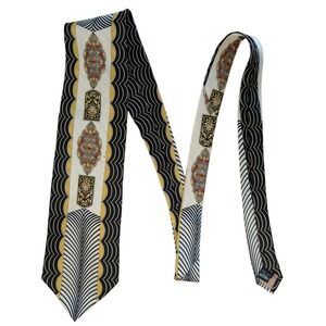 Vintage Cravet 100% Silk Black White Gold Pattern Tie‎